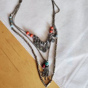 16" Layered Silver Tone Char,ms Tassel Necklace